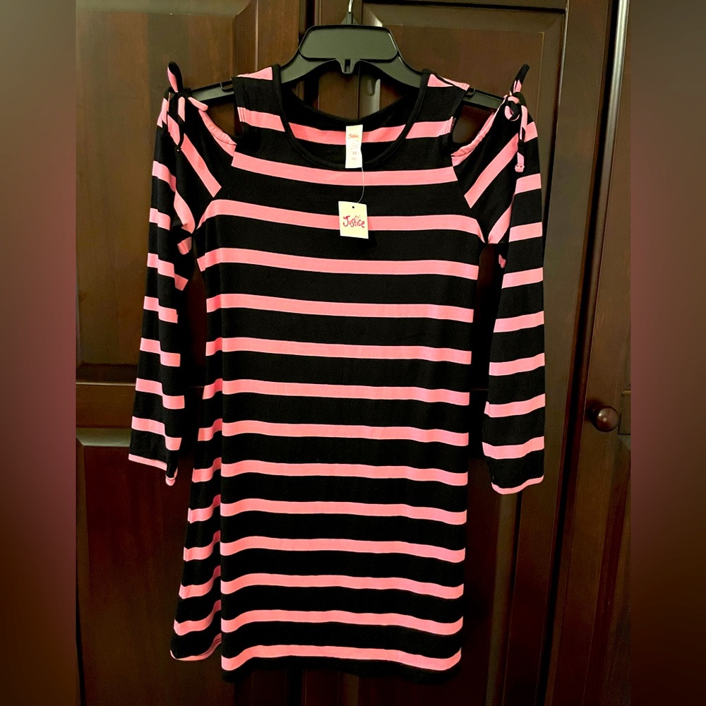 Justice Girl dress. Size 10. Pink and black striped. Cold shoulder. Brand New.